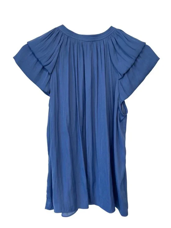 Current Air Blouse Size XS Bubble Tiered Sleeve Split Tie Neck Faded Blue NEW - Picture 2 of 9